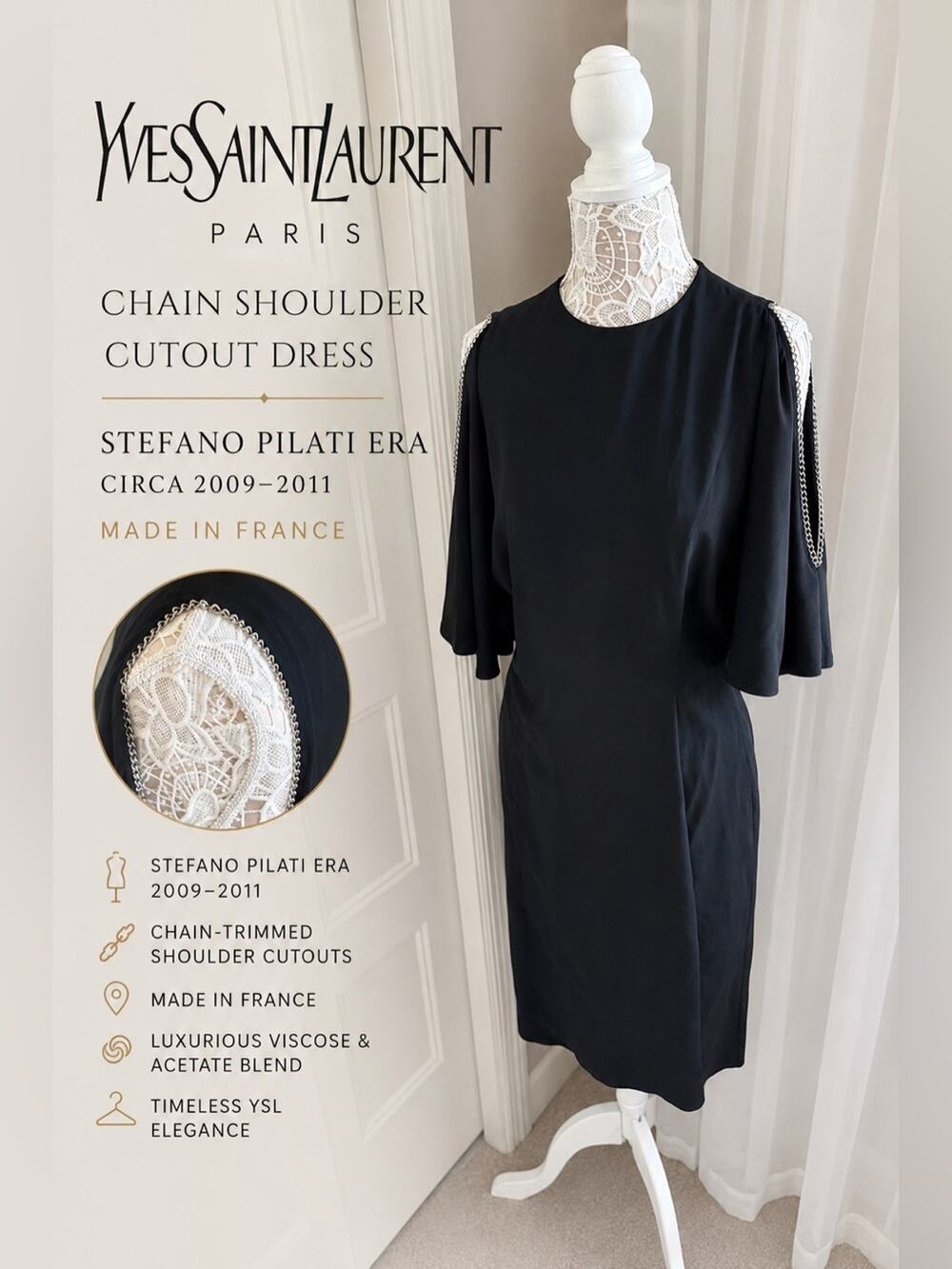 Yves Saint Laurent YSL Black Chain Shoulder Cutout Dress FR42 Stefano Pilati Era